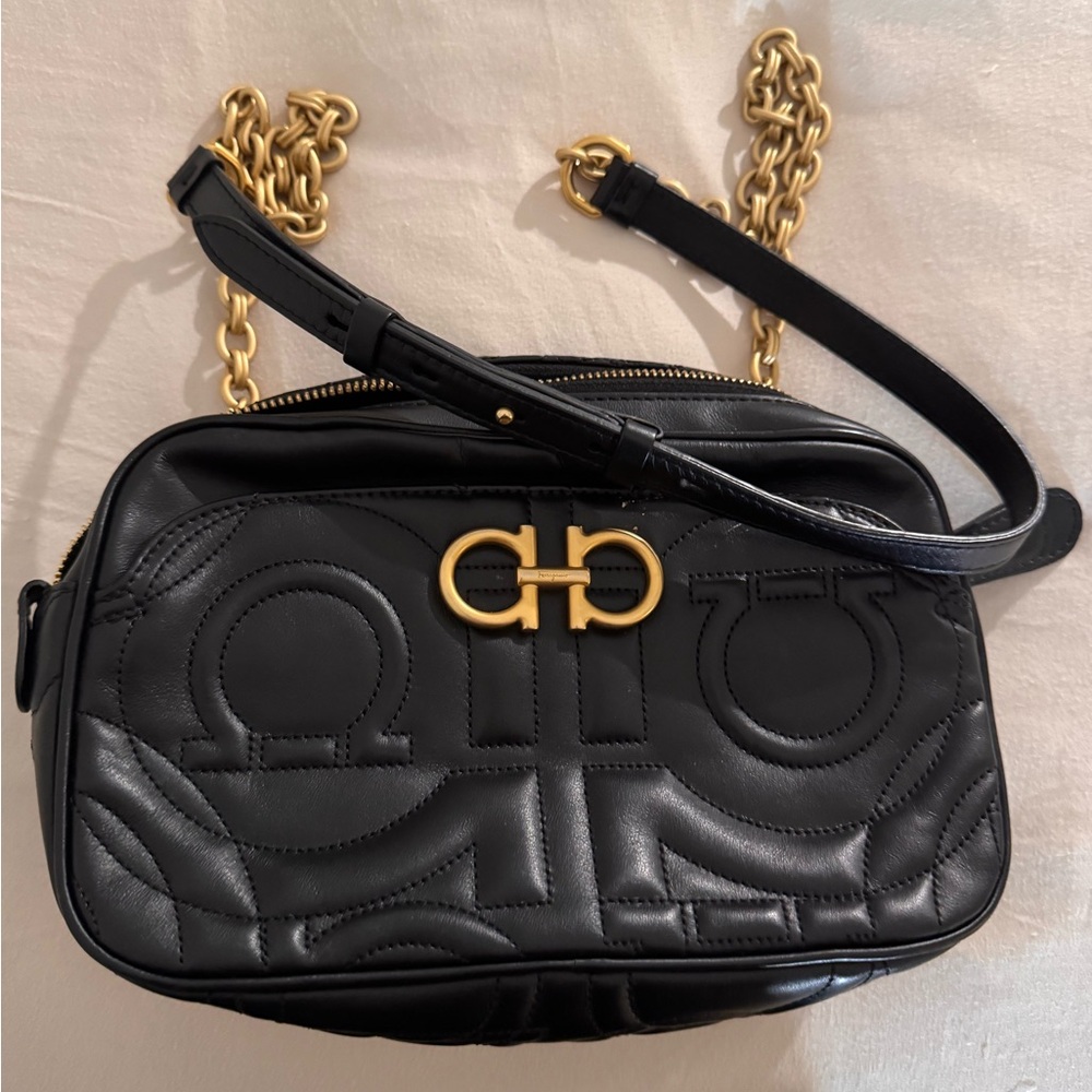 Salvatore Ferragamo Black Quilted Gancini Camera Bag with Gold Chain